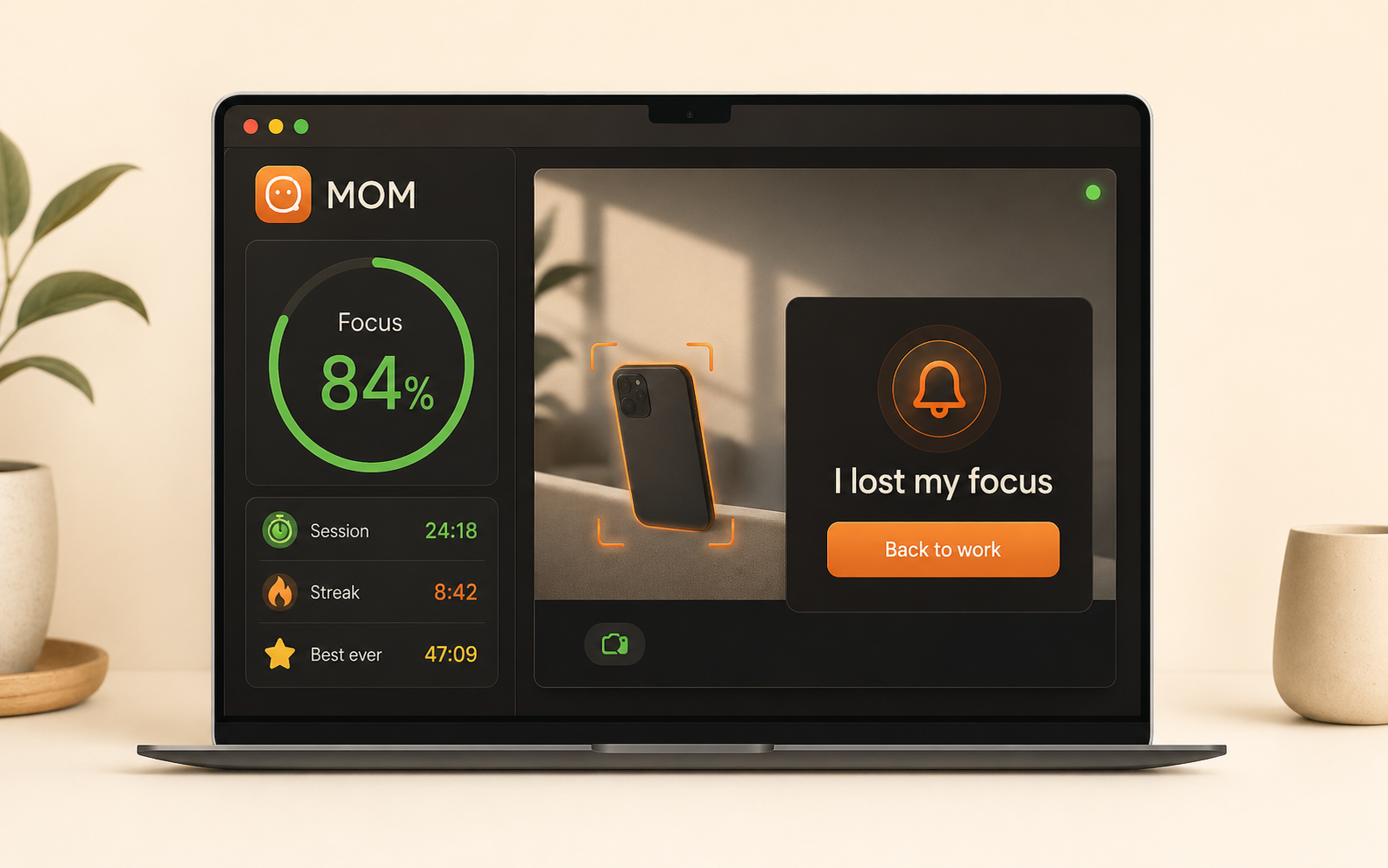 MOM app preview showing a focus score, a detected phone, session stats, and a gentle focus alert